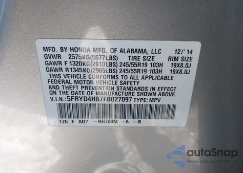 2015 Acura Mdx Advance Pkg W/Entertainment Pkg из США, поврежденный, VIN 5FRYD4H87FB027097